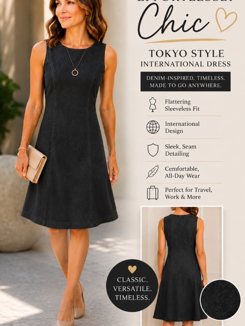 TOKYO STYLE Black Dark Gray Denim-Inspired Midi Dress Sleeveless